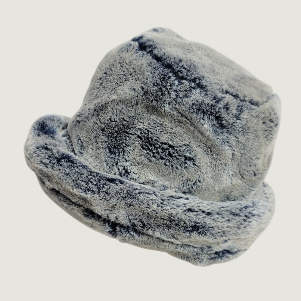 Faux Fur Bucket Hat Vintage Y2K Winter Glam Streetwear Gray Blue OS